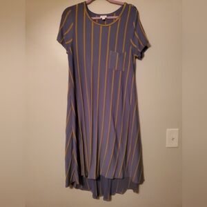 Lularoe Carly, size Small, Heather blue with mustard/gold stripes.